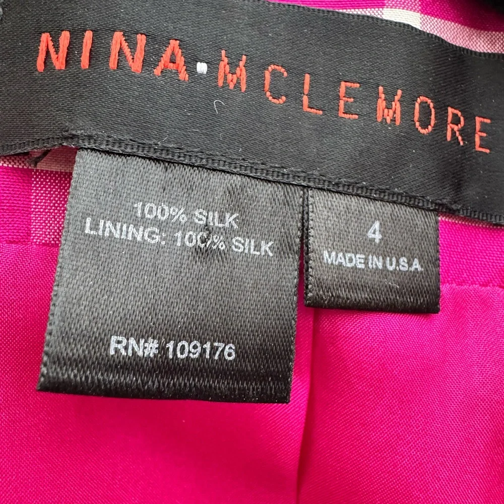 Nina McLemore 100% Silk Pink Plaid Ruffle Blazer Jacket Size 4 Career Chic